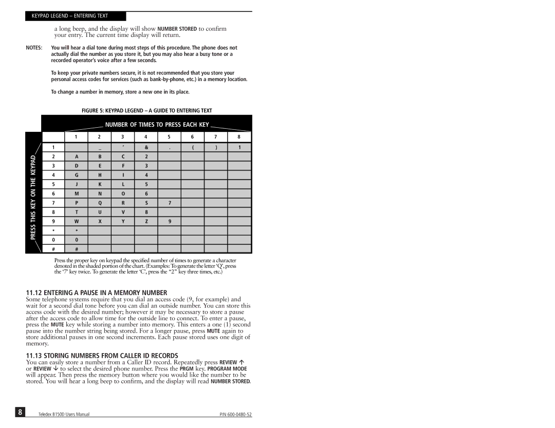 Teledex B150D manual Entering a Pause in a Memory Number, Storing Numbers from Caller ID Records 
