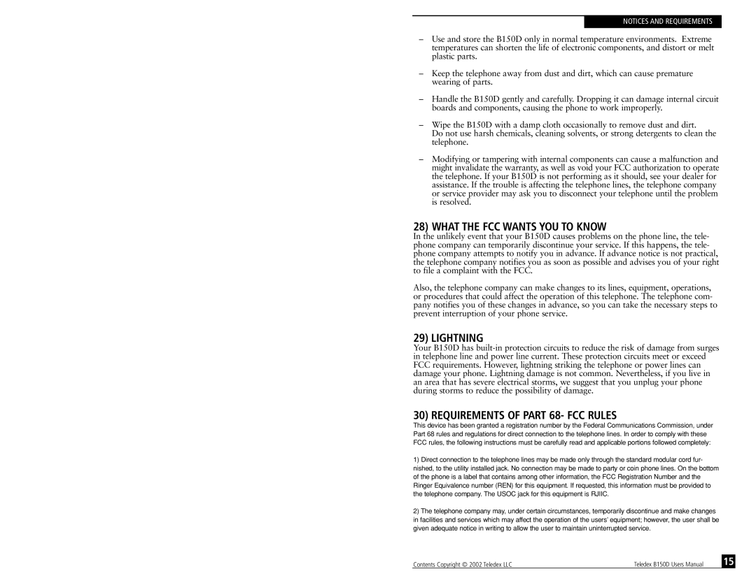 Teledex B150D manual What the FCC Wants YOU to Know, Lightning, Requirements of Part 68- FCC Rules 