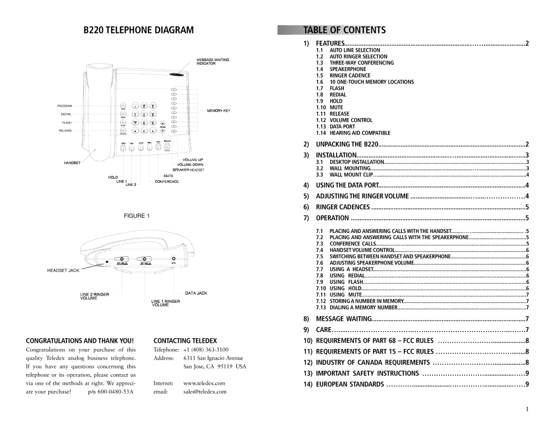 Teledex manual B220 Telephone Diagram, Table of Contents 