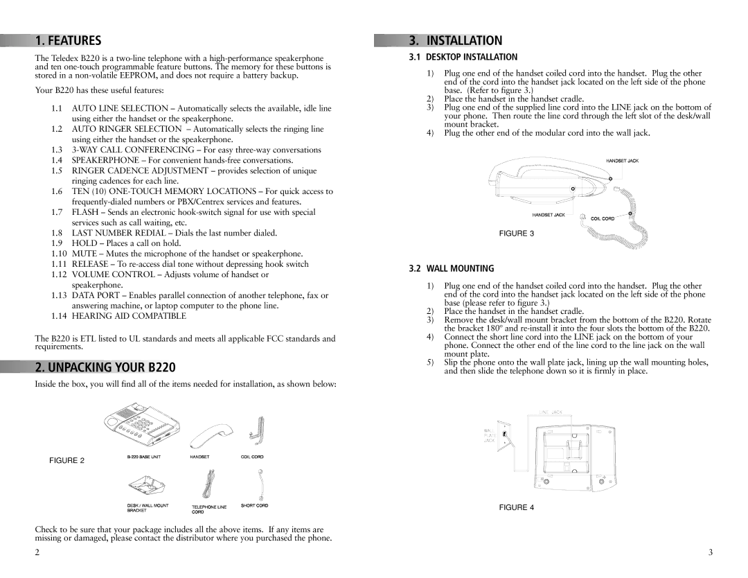 Teledex manual Features, Unpacking Your B220, Desktop Installation, Wall Mounting 