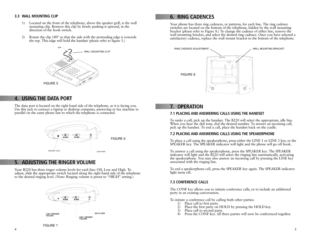 Teledex B220 manual Using the Data Port, Ring Cadences, Operation, Adjusting the Ringer Volume 