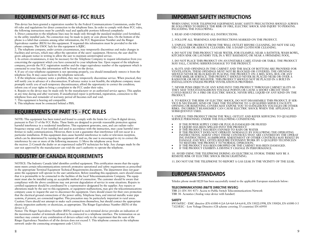 Teledex B220 manual Requirements of Part 68- FCC Rules, Requirements of Part 15 FCC Rules, European Standards, Safety 