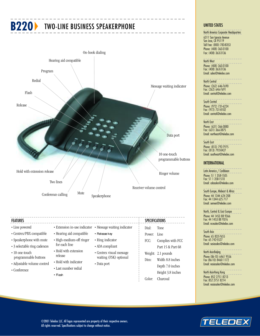 Teledex manual B220 TWO-LINE BUSINESS SPEAKERPHONE, Features, United States, International 