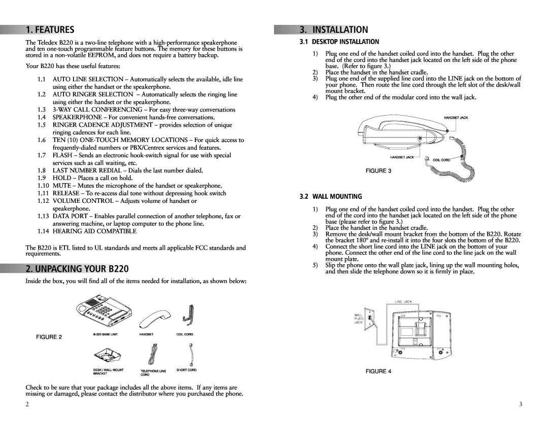 Teledex manual Features, UNPACKINGYOURB220, Desktop Installation, Wall Mounting 