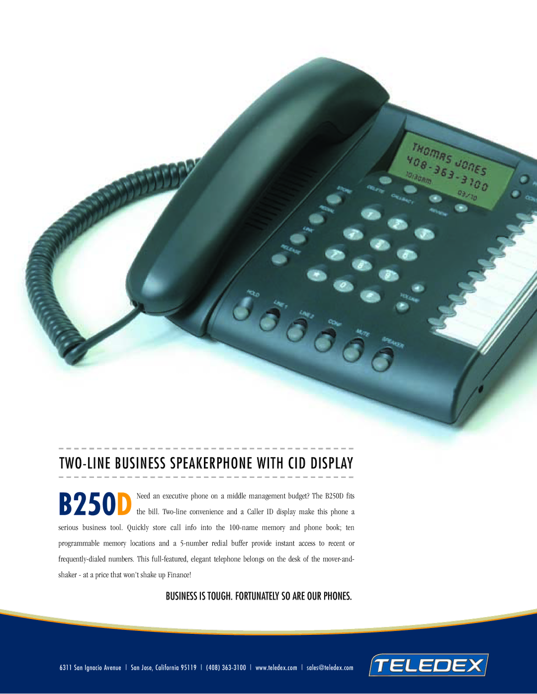 Teledex B250D manual TWO-LINE Business Speakerphone with CID Display 