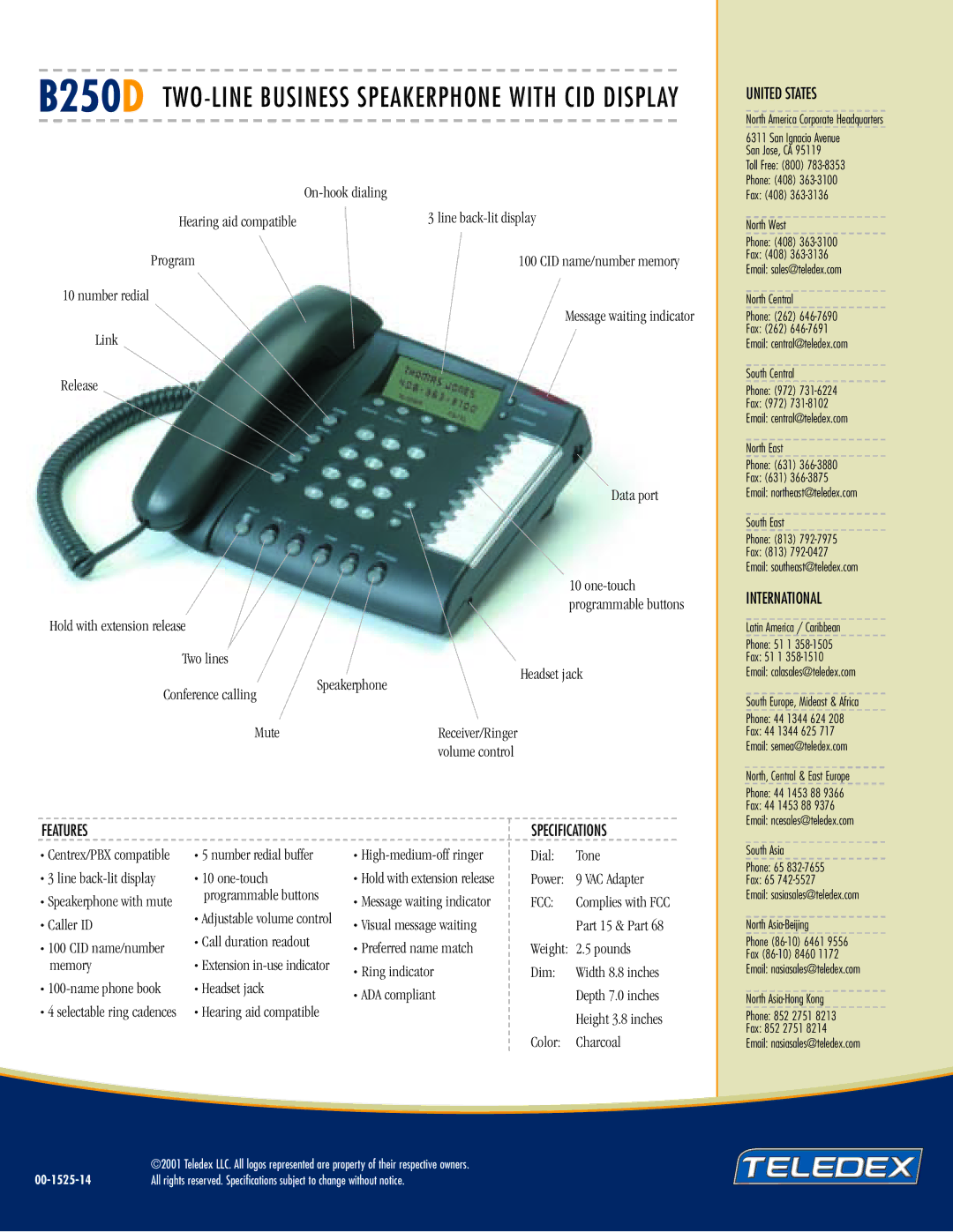 Teledex manual B250D TWO-LINE Business Speakerphone with CID Display, Fcc 