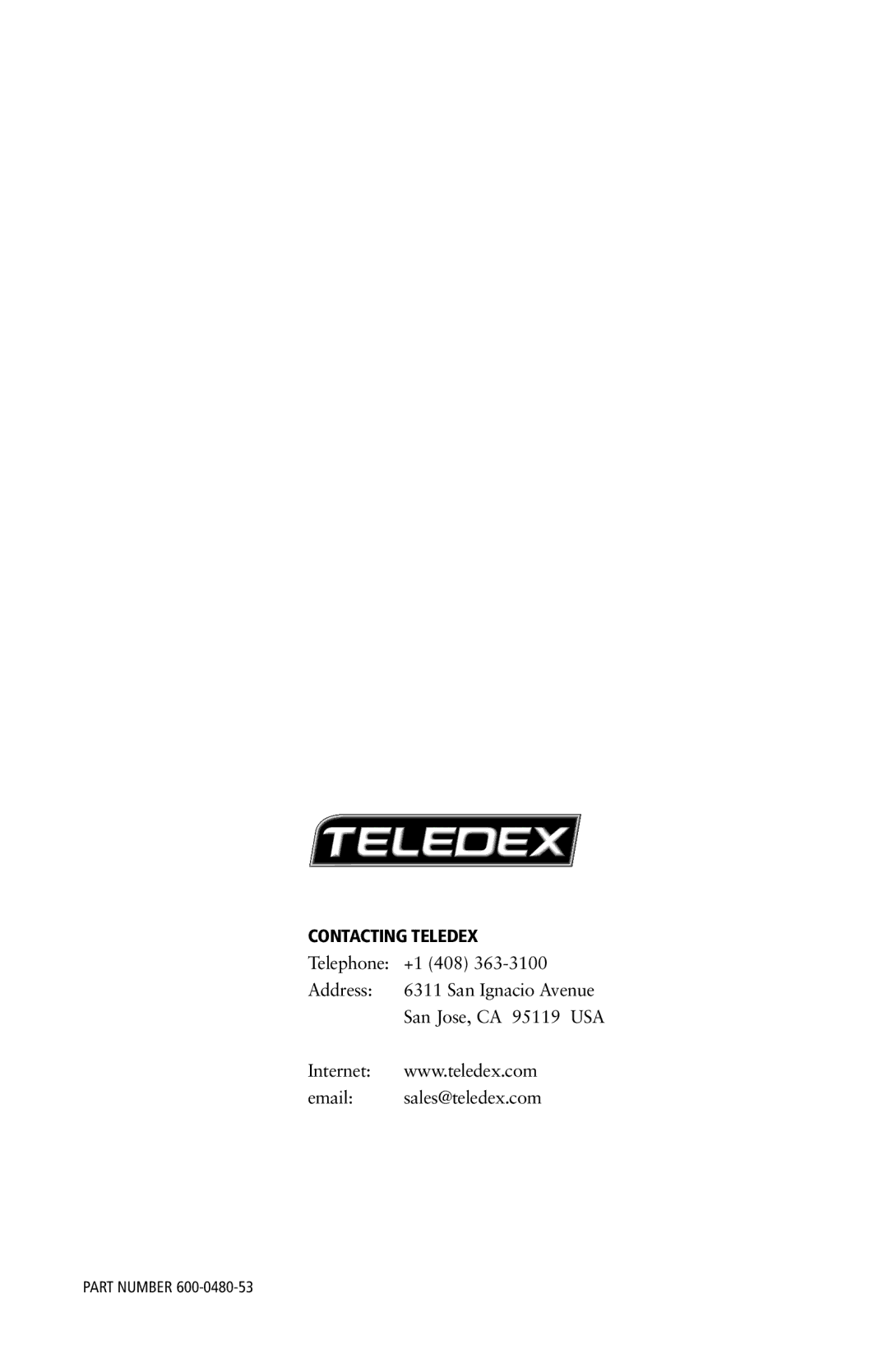 Teledex B250D manual Part Number 