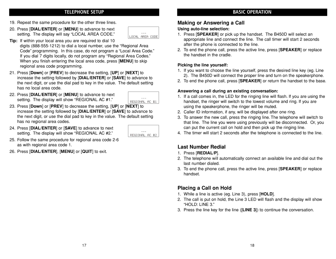 Teledex B4506 manual Basic Operation, Making or Answering a Call, Last Number Redial, Placing a Call on Hold 