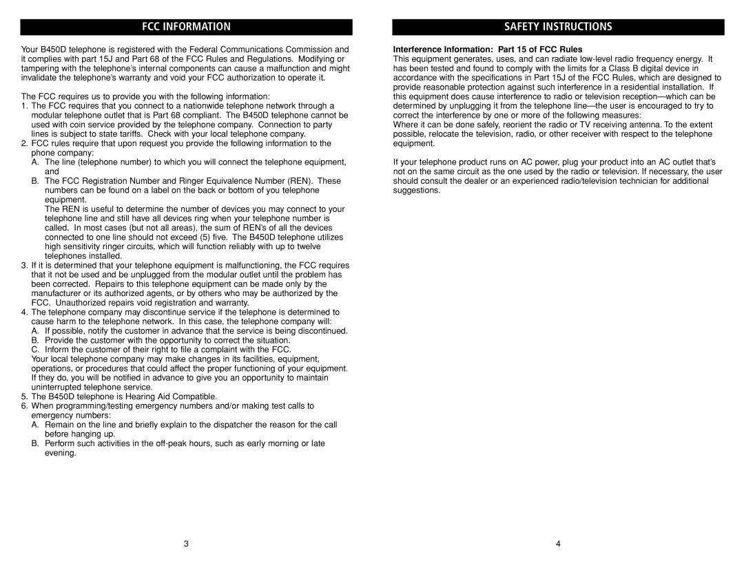 Teledex B4506 manual FCC Information, Safety Instructions 