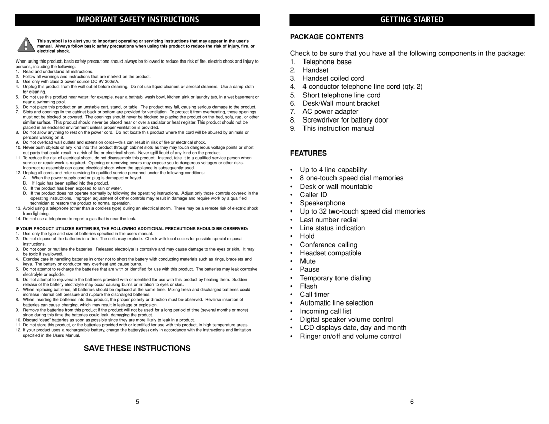 Teledex B4506 manual Important Safety Instructions, Getting Started 