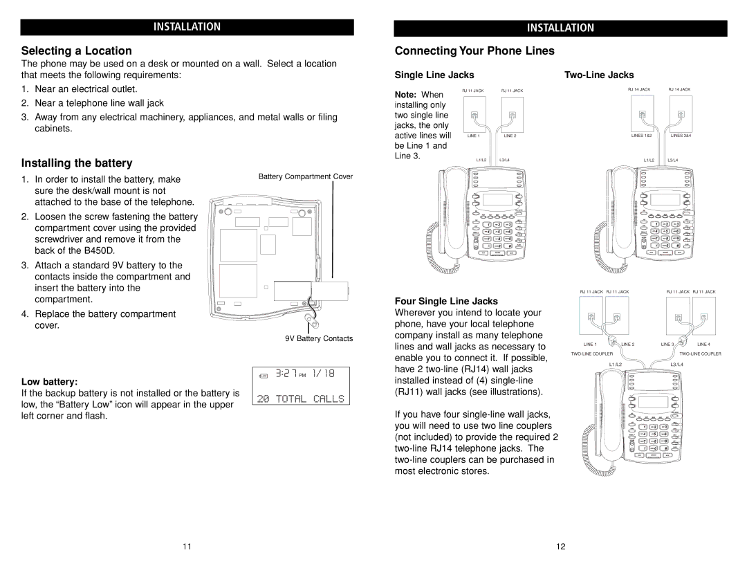 Teledex B4506 manual Installation, Selecting a Location, Connecting Your Phone Lines, Installing the battery 