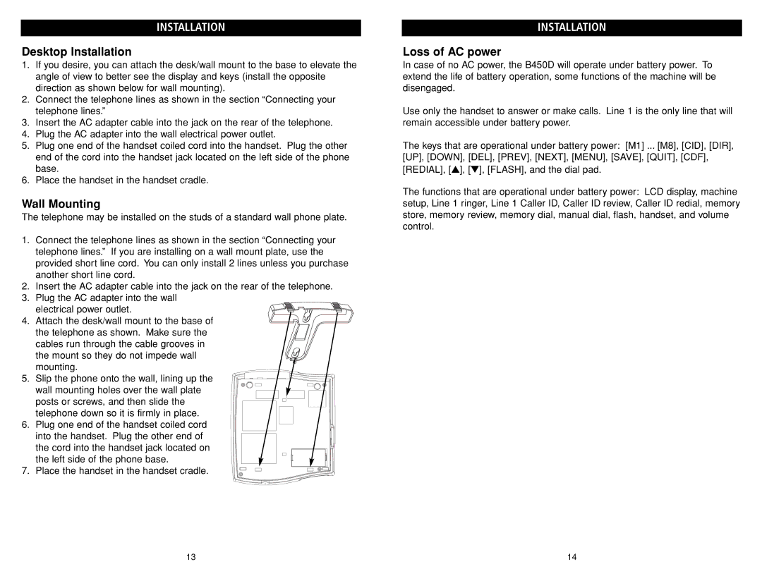 Teledex B4506 manual Desktop Installation, Wall Mounting, Loss of AC power 