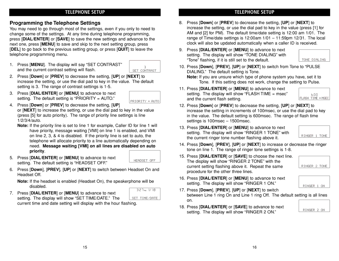 Teledex B4506 manual Telephone Setup, Programming the Telephone Settings 