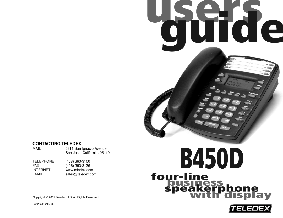 Teledex B4506 manual Contacting Teledex, users guide, B450D, with display, four-line business speakerphone 