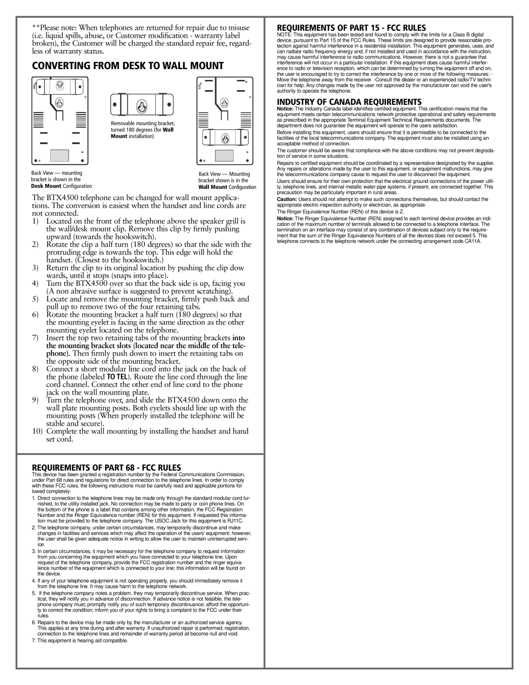 Teledex BTX 4500 manual Converting from Desk to Wall Mount, Requirements of Part 68 FCC Rules 