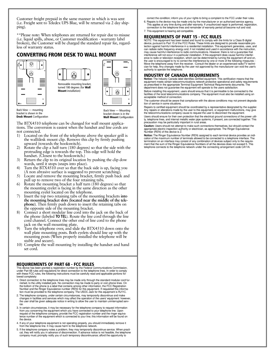 Teledex BTX4510 manual Converting from Desk to Wall Mount, Requirements of Part 68 FCC Rules 