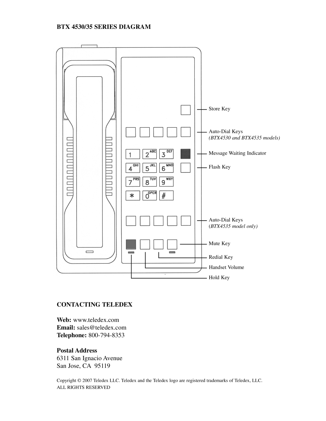 Teledex BTX4530 manual BTX 4530/35 Series Diagram, Contacting Teledex 