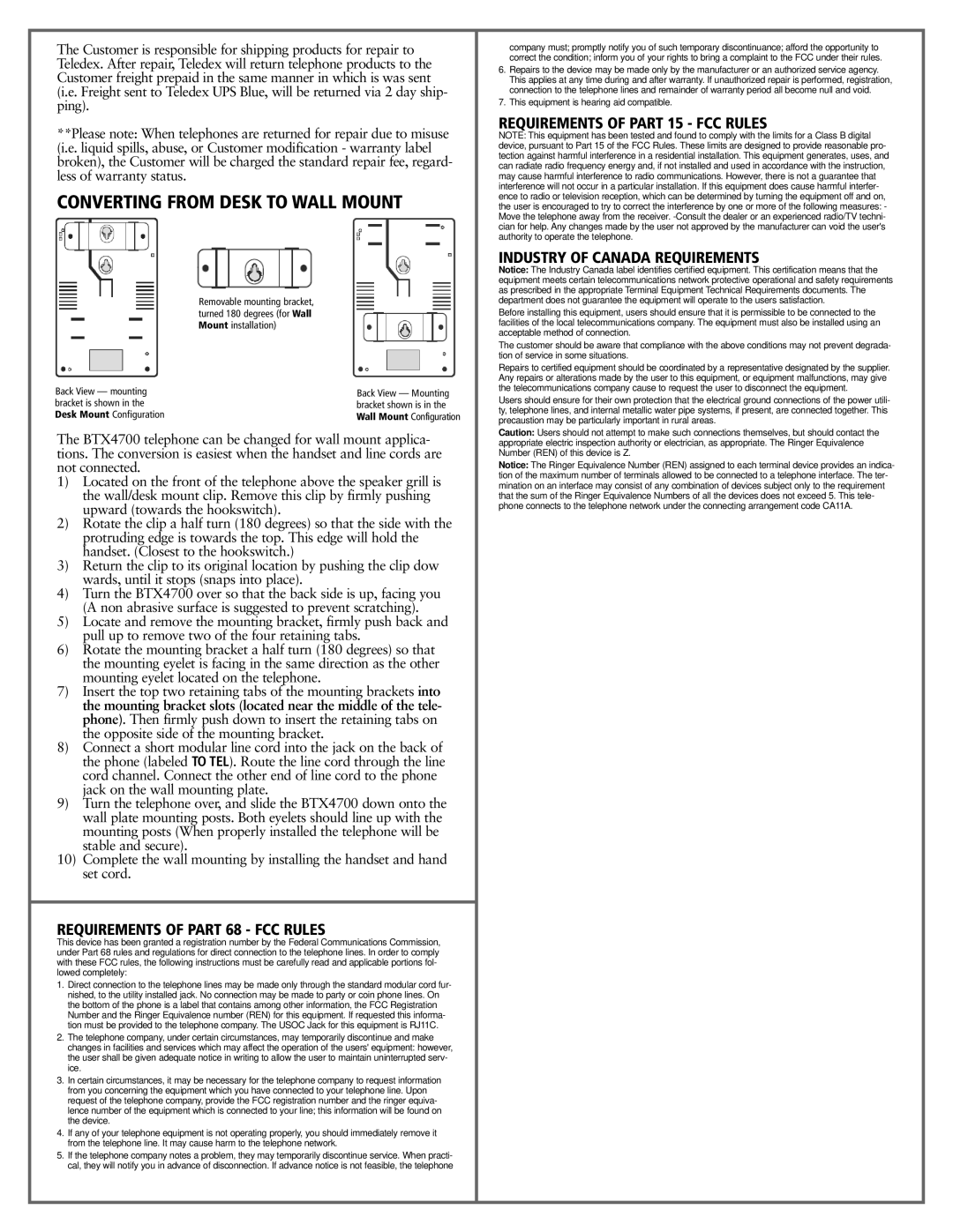 Teledex BTX4700 manual Converting from Desk to Wall Mount, Requirements of Part 68 FCC Rules 