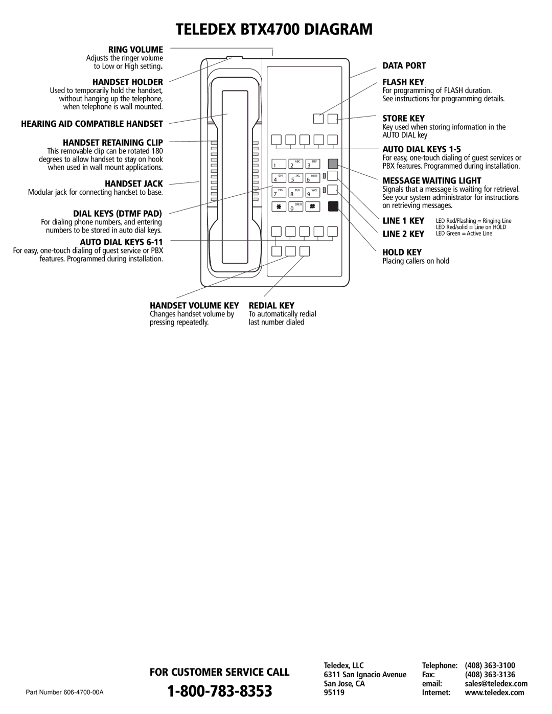 Teledex BTX4700 manual For Customer Service Call 