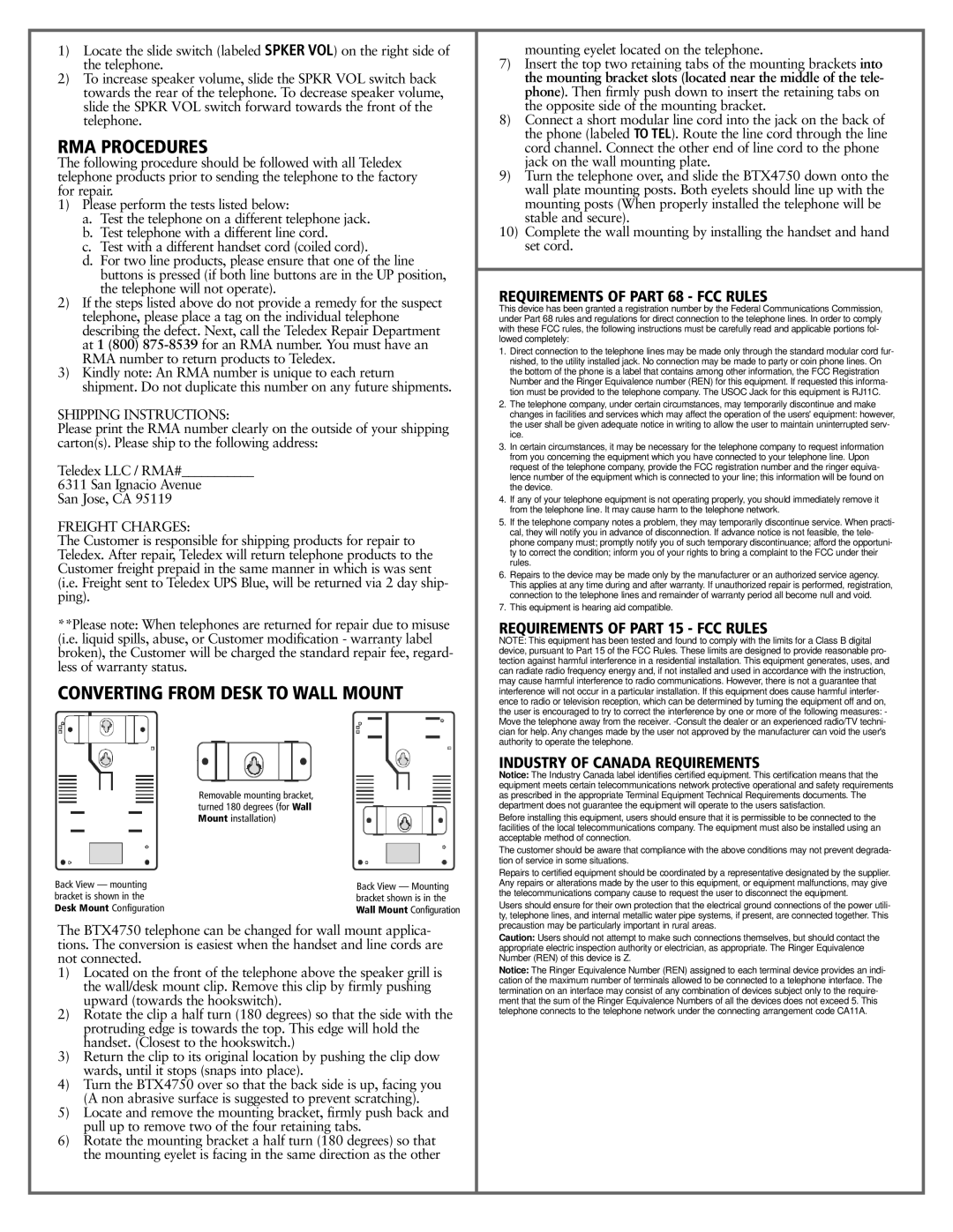 Teledex BTX4750 manual RMA Procedures, Converting from Desk to Wall Mount, Requirements of Part 68 FCC Rules 