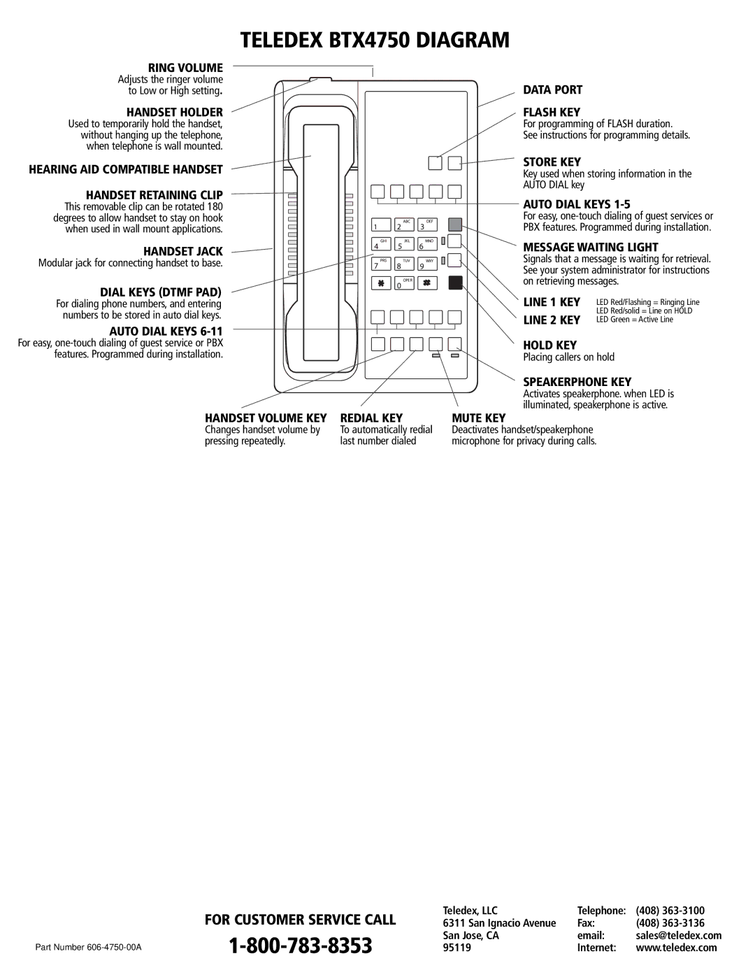 Teledex BTX4750 manual For Customer Service Call 