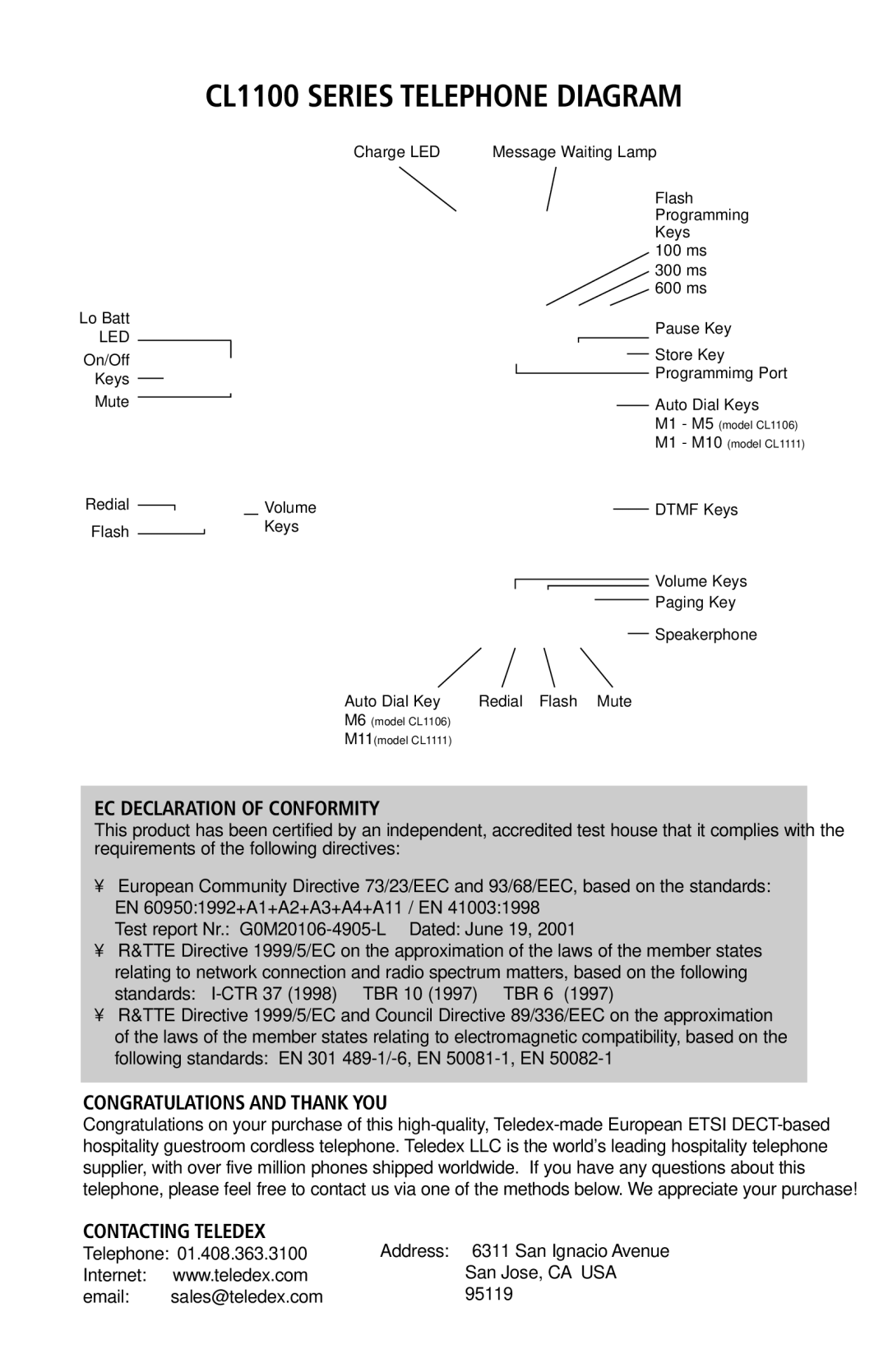 Teledex C1100 series important safety instructions CL1100 Series Telephone Diagram, Led 