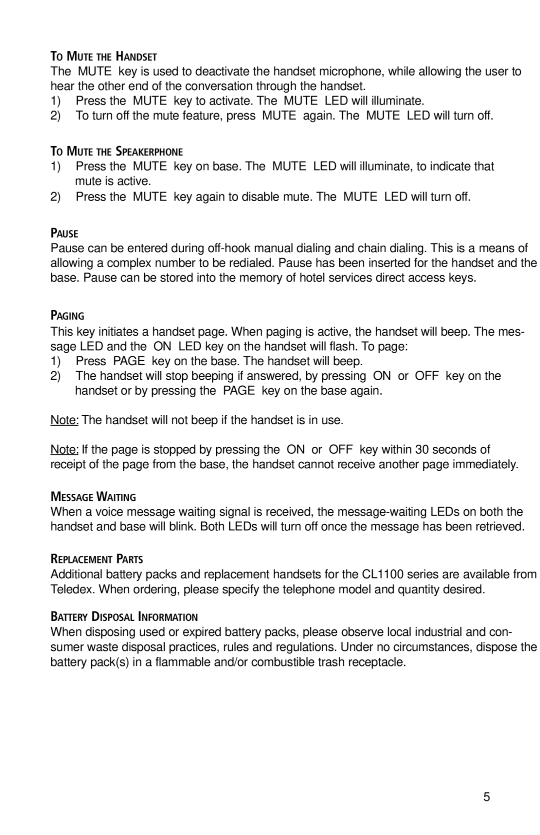 Teledex C1100 series important safety instructions To Mute the Handset 