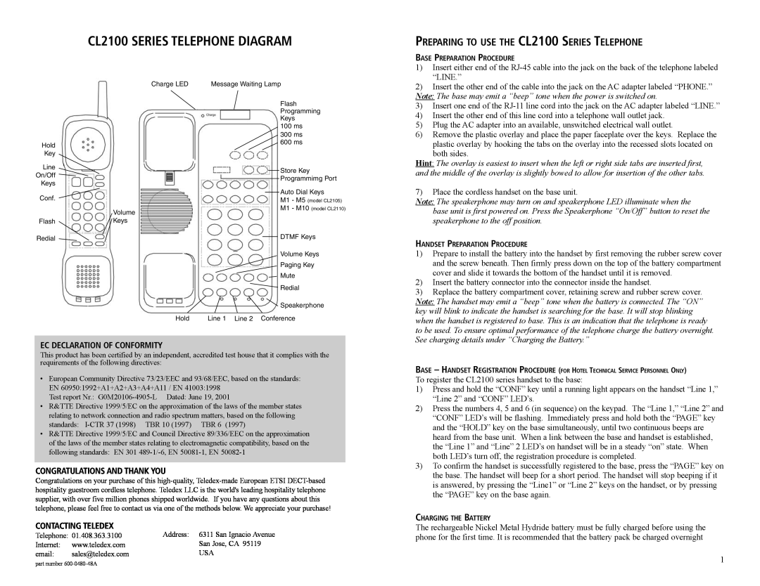 Teledex manual Note The base may emit a “beep” tone when the power is switched on, CL2100 SERIES TELEPHONE DIAGRAM 