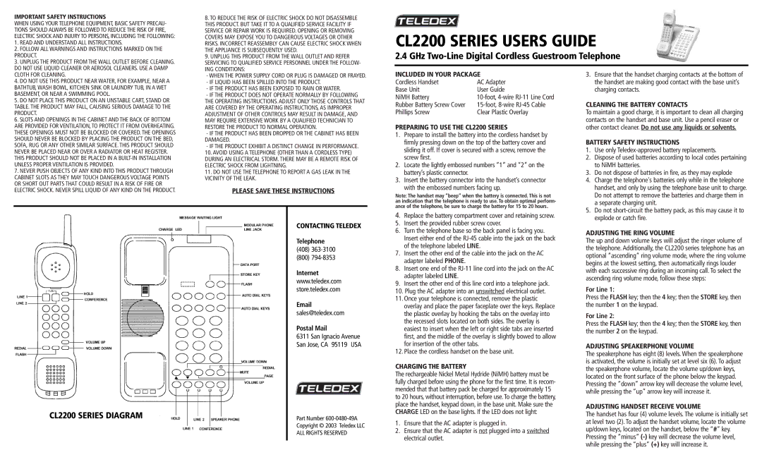 Teledex CL2200 important safety instructions Please Save These Instructions Included in Your Package, Charging the Battery 