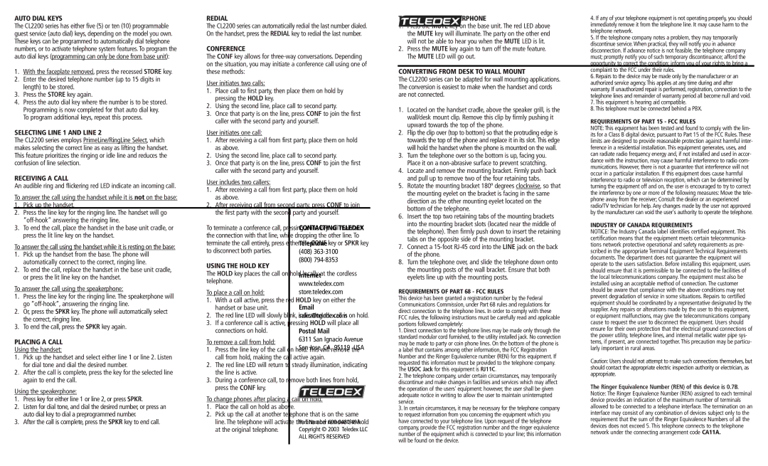 Teledex CL2200 Auto Dial Keys, Selecting Line 1 and Line, Receiving a Call, Placing a Call, Redial, Conference 