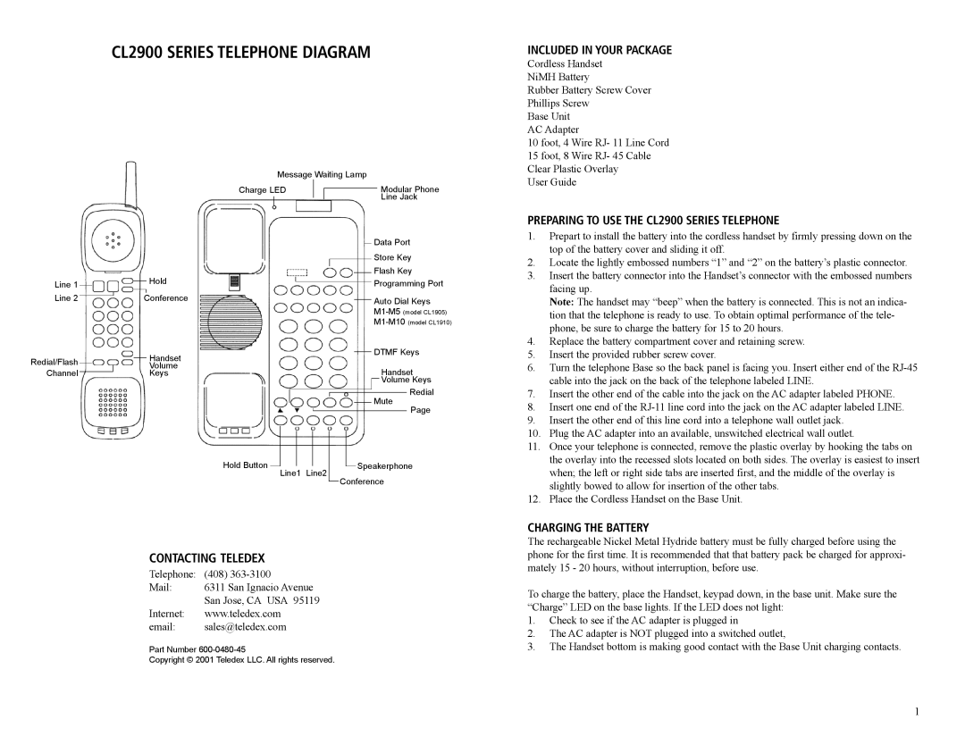 Teledex CL2900 SERIES manual Included in Your Package, Preparing to USE the CL2900 Series Telephone, Charging the Battery 