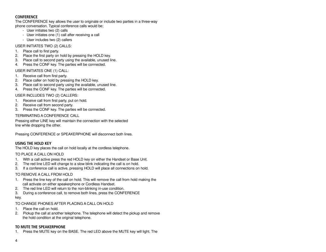 Teledex CL2900 SERIES manual Conference, Using the Hold KEY, To Mute the Speakerphone, Message Waiting Indicator 
