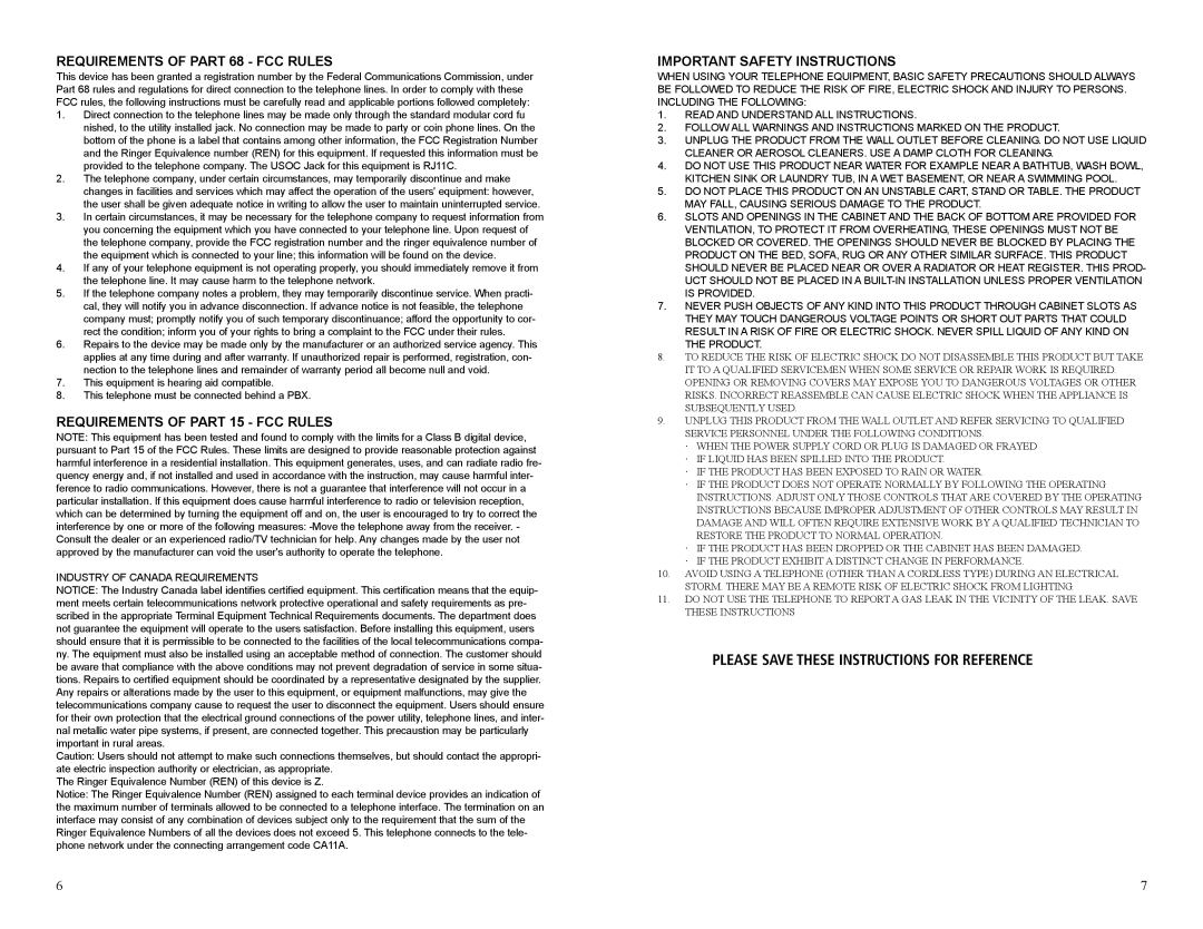 Teledex CL2900 SERIES manual Please Save These Instructions for Reference, Requirements of Part 68 FCC Rules 