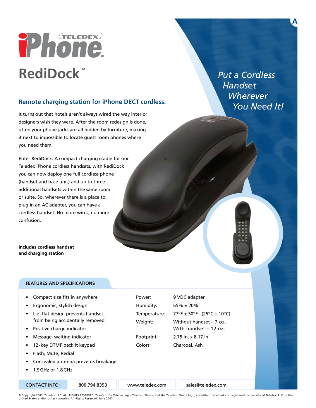 Teledex specifications RediDock, Put a Cordless Handset Wherever You Need It, Features and Specifications 