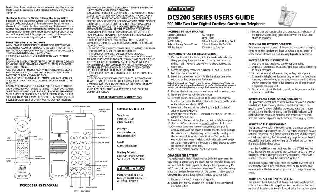 Teledex important safety instructions Included in Your Package, Preparing to USE the DC9200 Series 