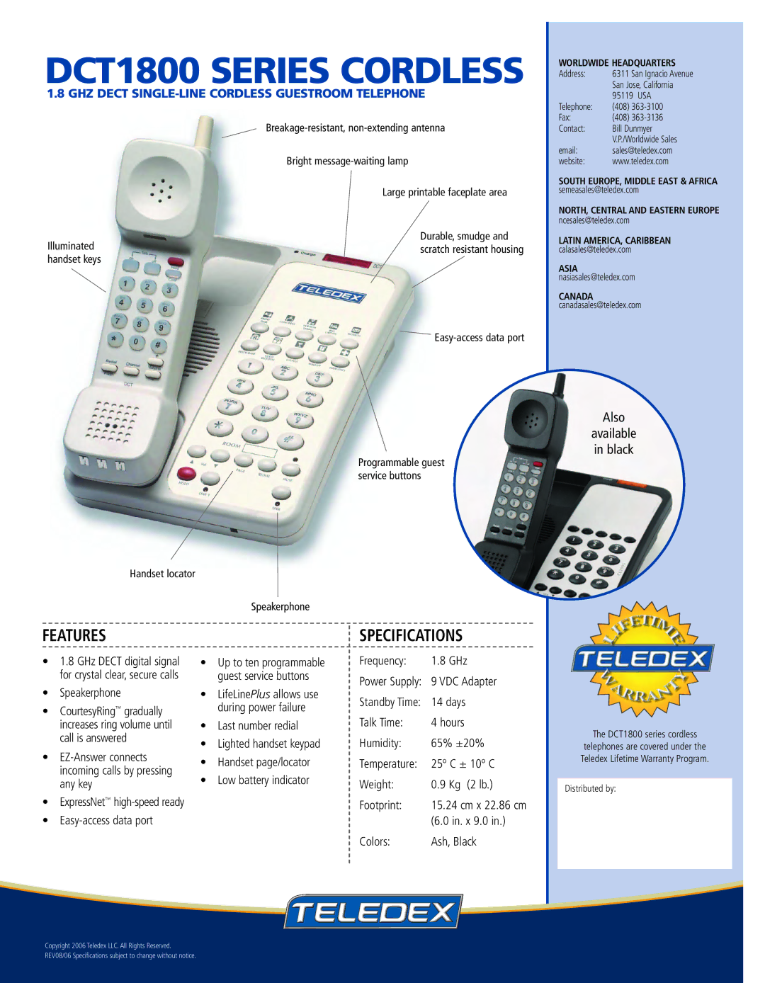 Teledex DCT1800 Series warranty Features, Specifications 