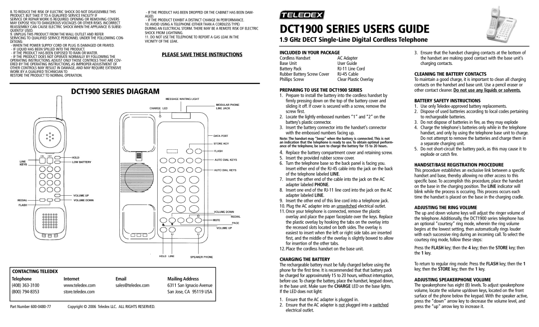 Teledex DCT1900 SERIES operating instructions Included in Your Package, Cleaning the Battery Contacts, Contacting Teledex 