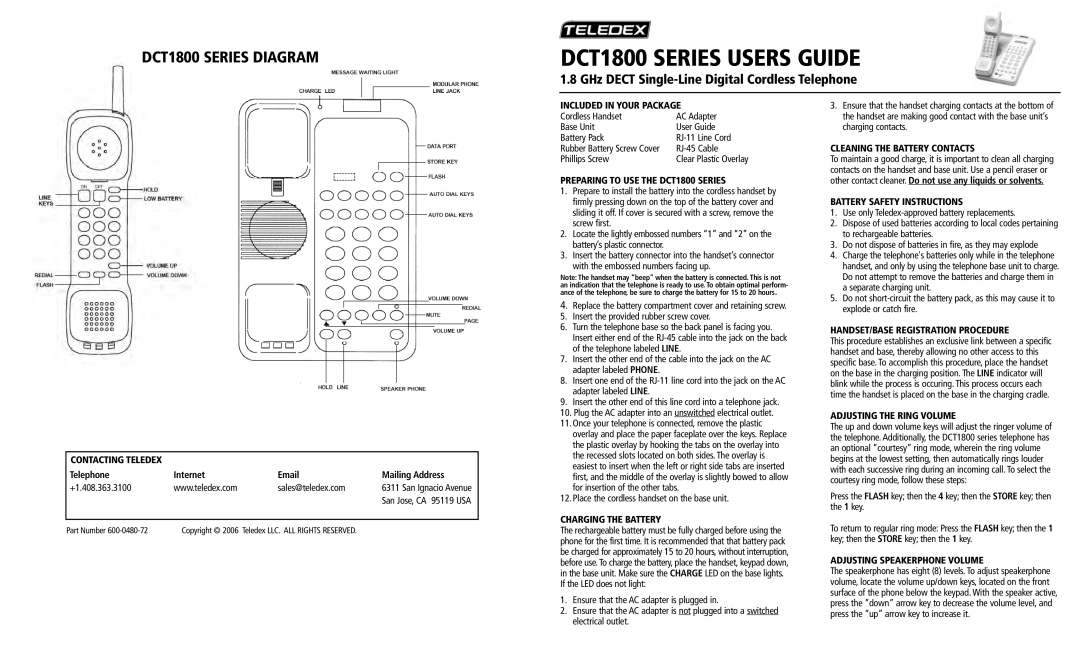 Teledex DCT1900 manual Included in Your Package, Preparing to USE the DCT1800 Series, Charging the Battery 