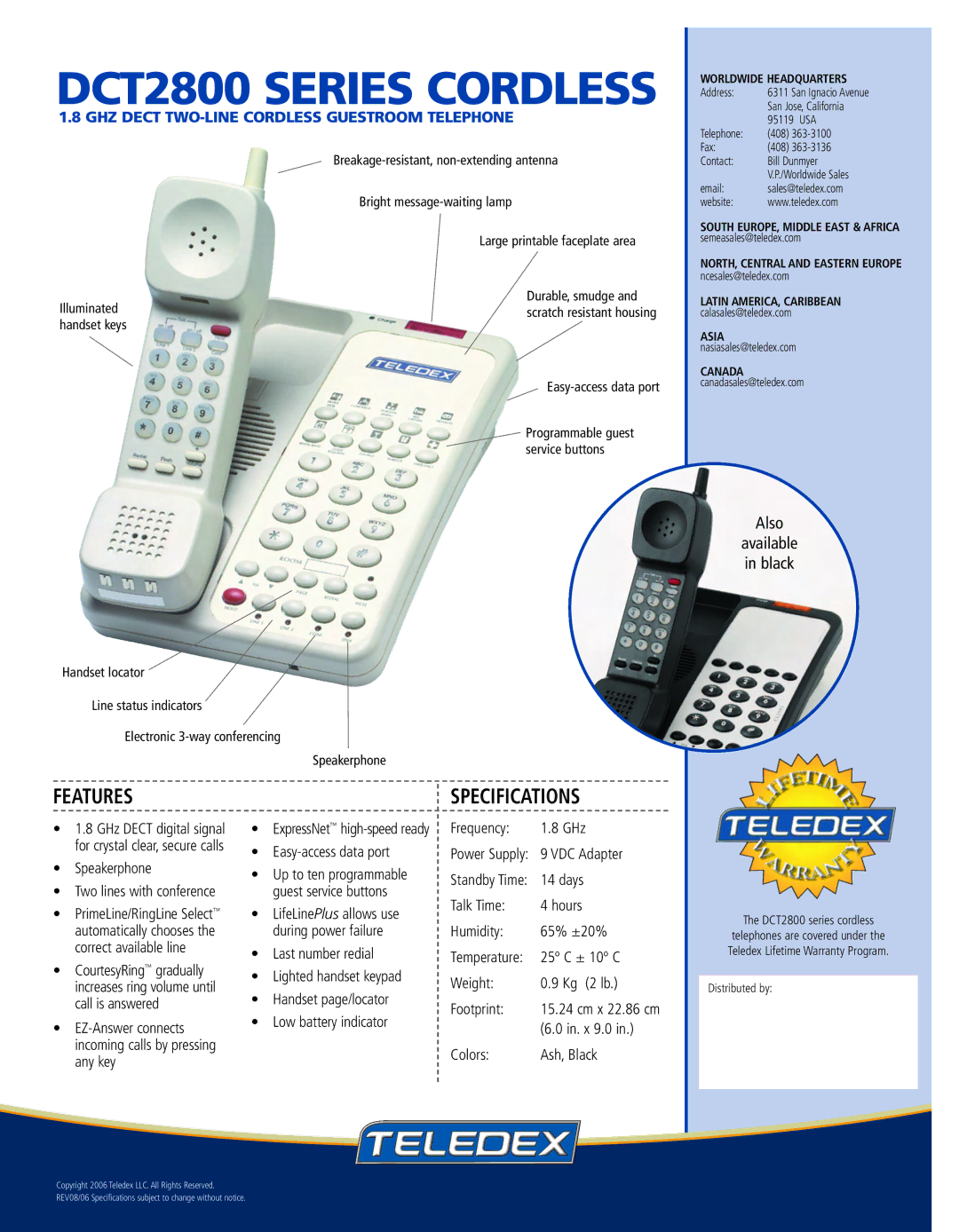 Teledex DCT2800 Series warranty Features, Specifications 