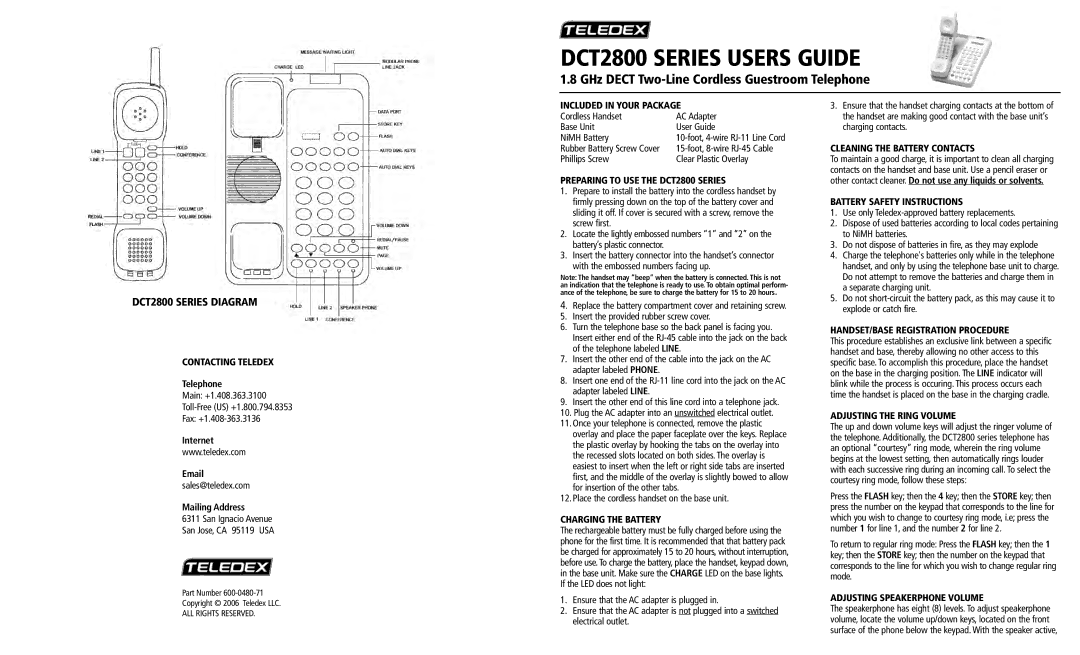 Teledex manual Contacting Teledex, Included in Your Package, Preparing to USE the DCT2800 Series, Charging the Battery 