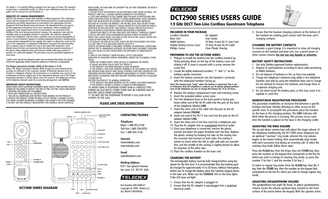 Teledex DCT2900 important safety instructions Please Save These Instructions Included in Your Package, Contacting Teledex 