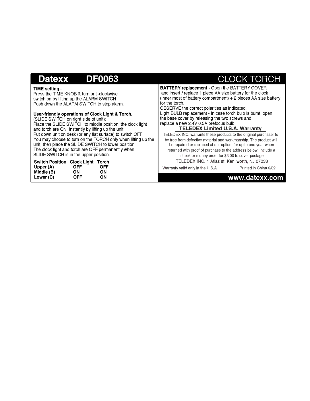 Teledex warranty Datexx DF0063, Clock Torch, Teledex Limited U.S.A. Warranty 