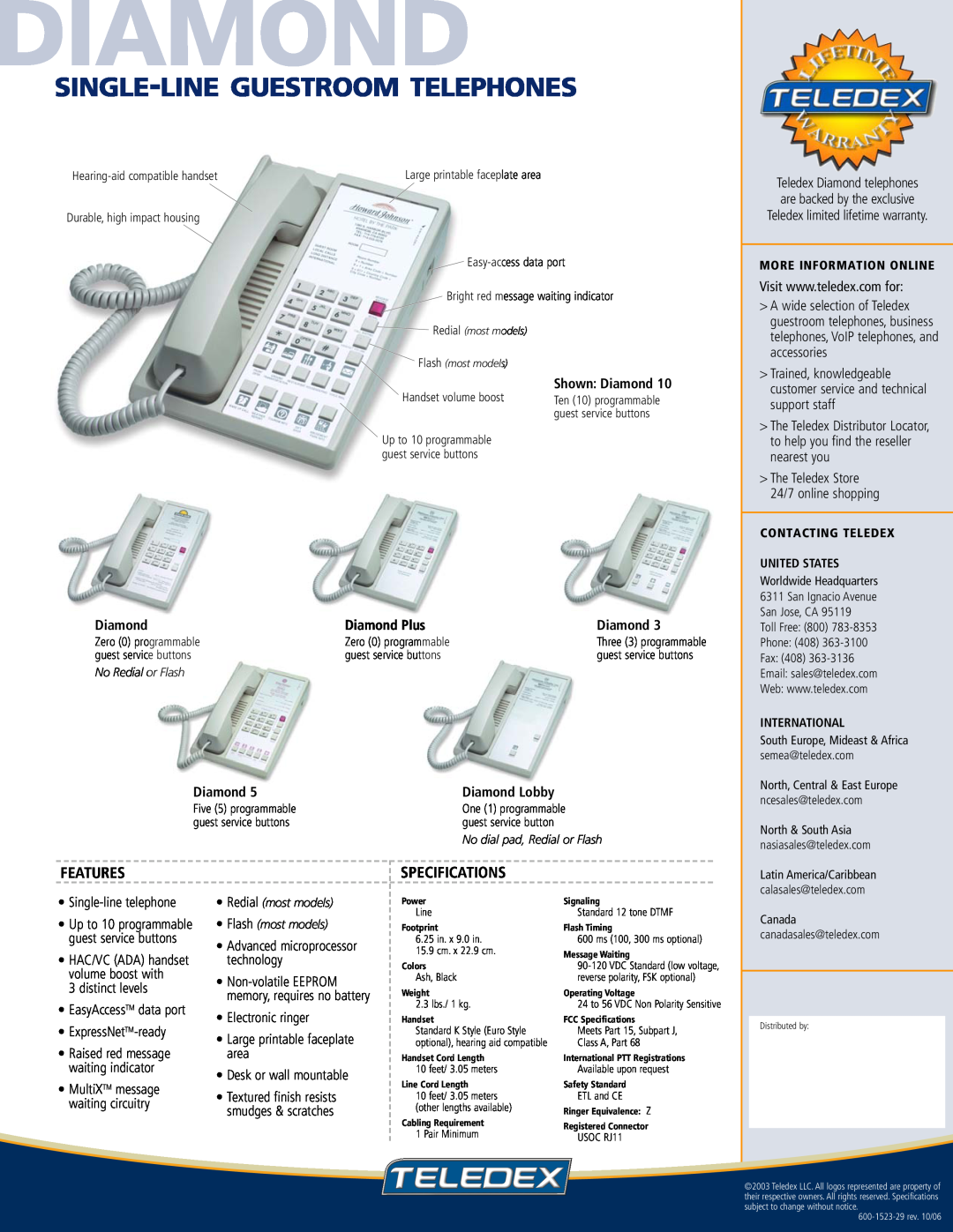 Teledex Diamond 5 Single-Line Guestroom Telephones, Features, Specifications, Diamond Plus, Diamond Lobby, distinct levels 