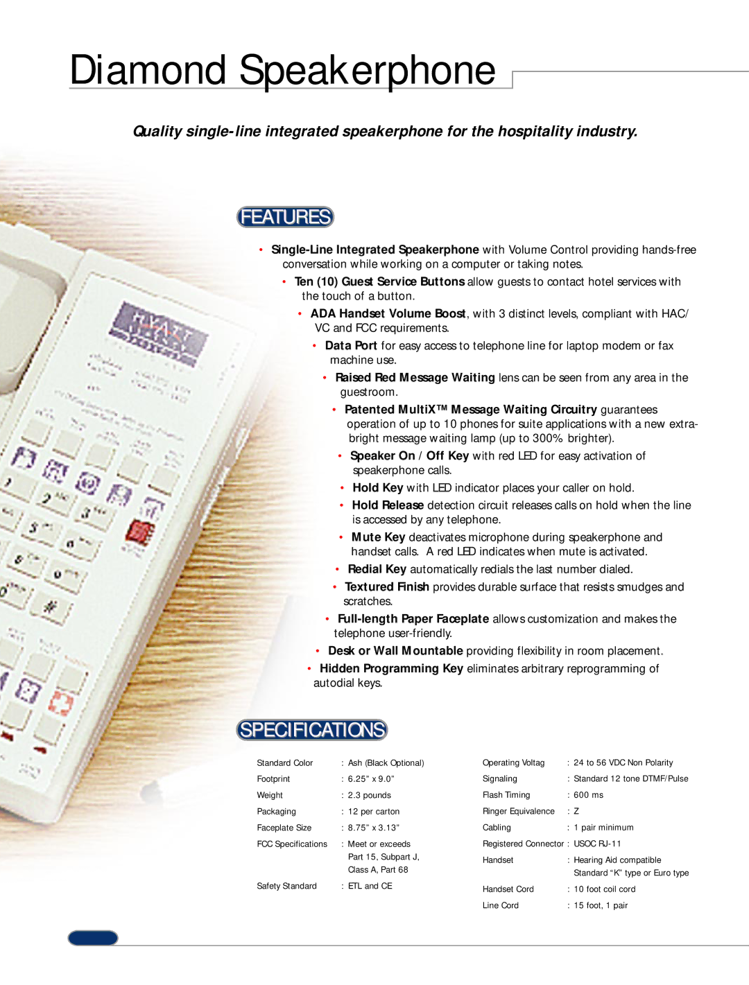 Teledex Diamond +S manual Diamond Speakerphone, Features, Specifications 