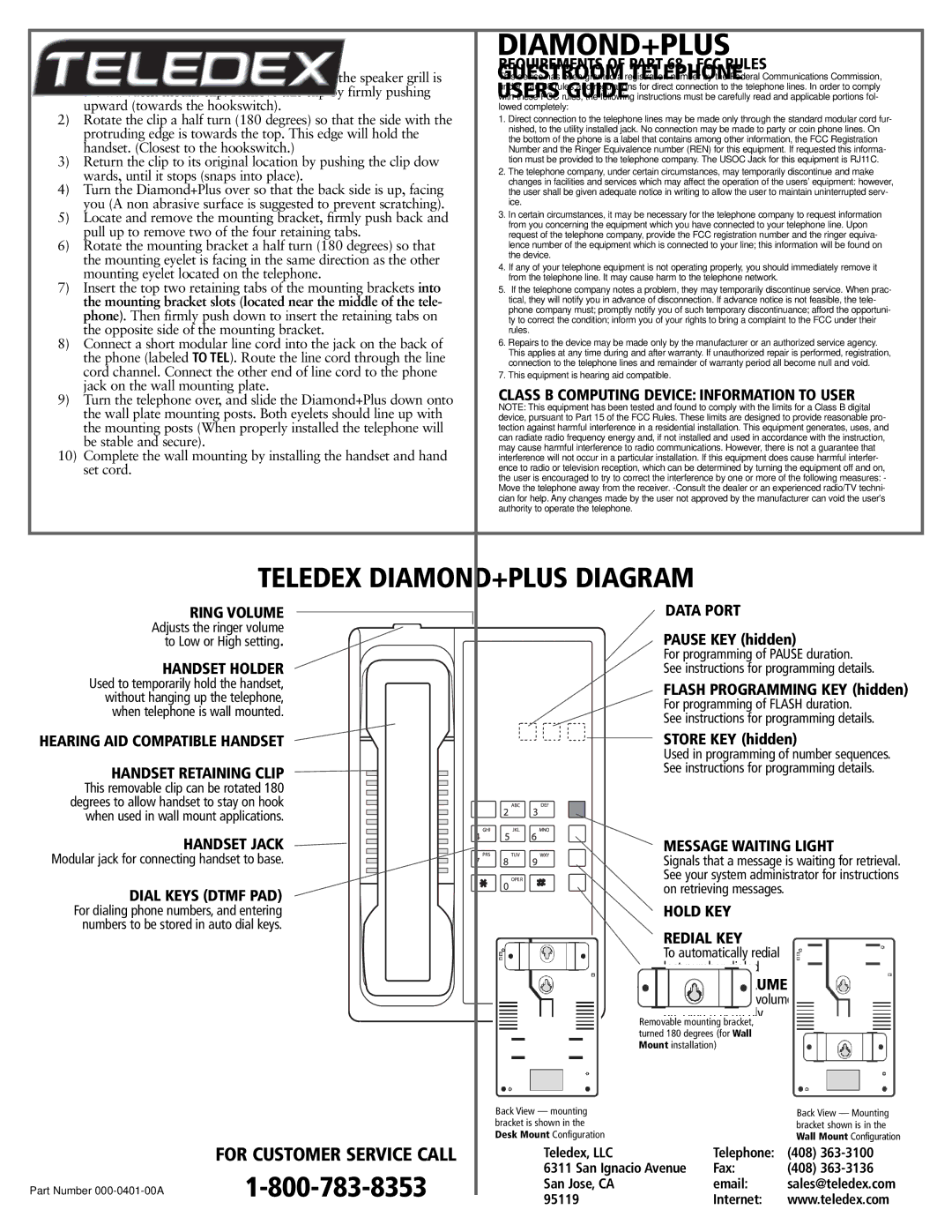 Teledex Diamond+Plus warranty Requirements of Part 68 FCC Rules, Class B Computing Device Information to User, Ring Volume 