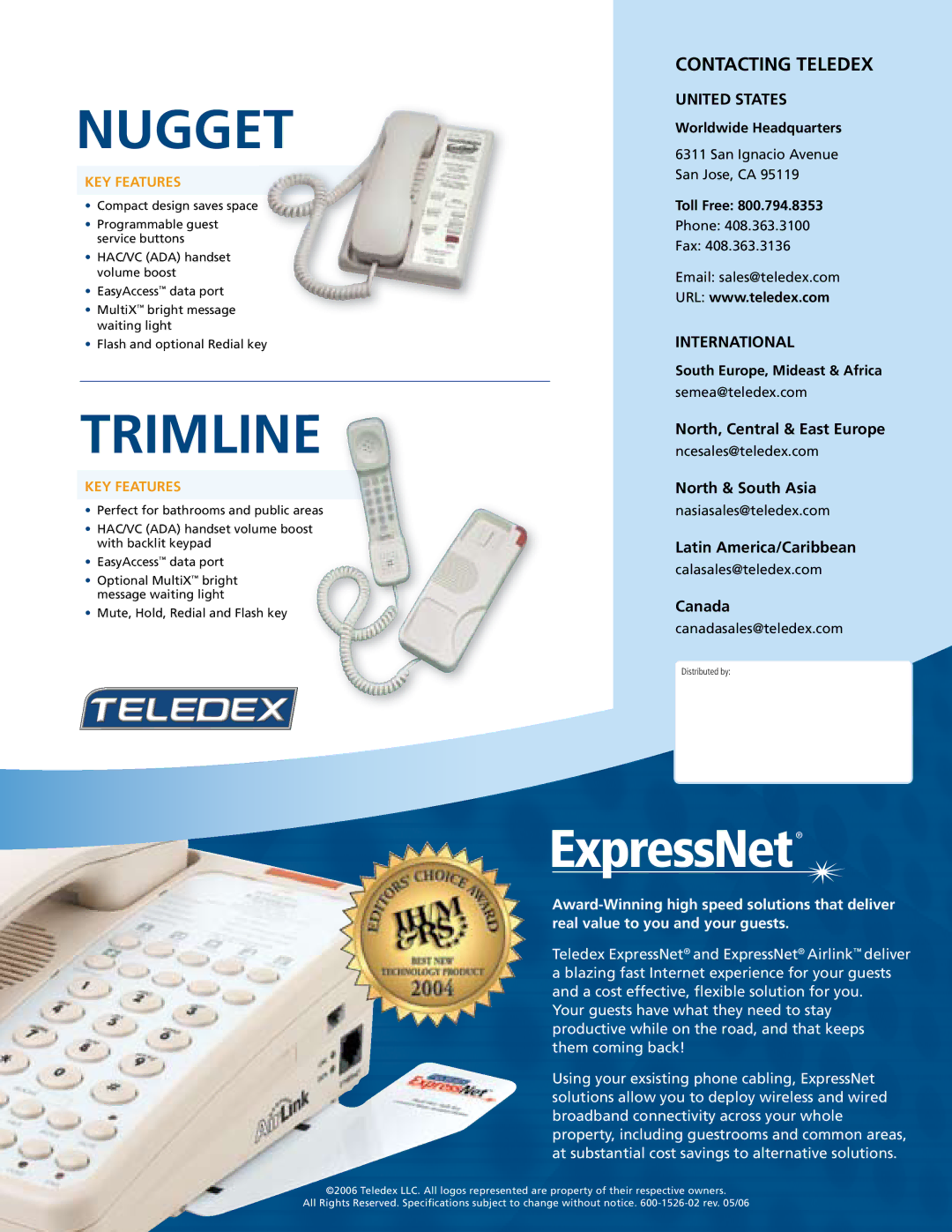 Teledex Guestroom Phones specifications Nugget, Trimline 