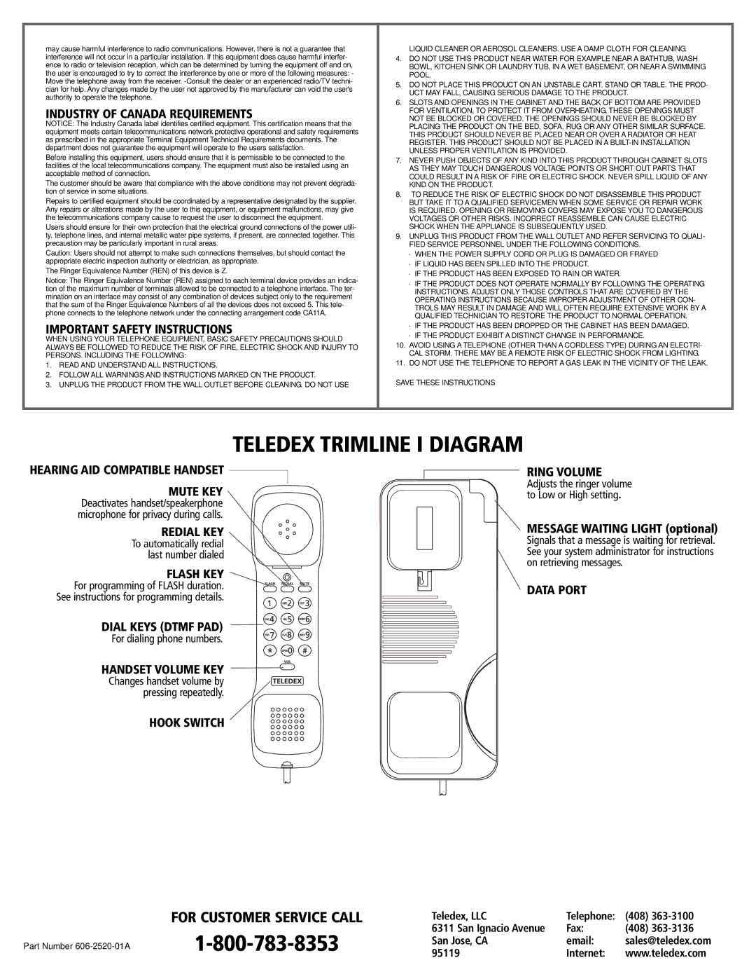 Teledex warranty Industry of Canada Requirements, Important Safety Instructions, Hearing AID Compatible Handset Mute KEY 