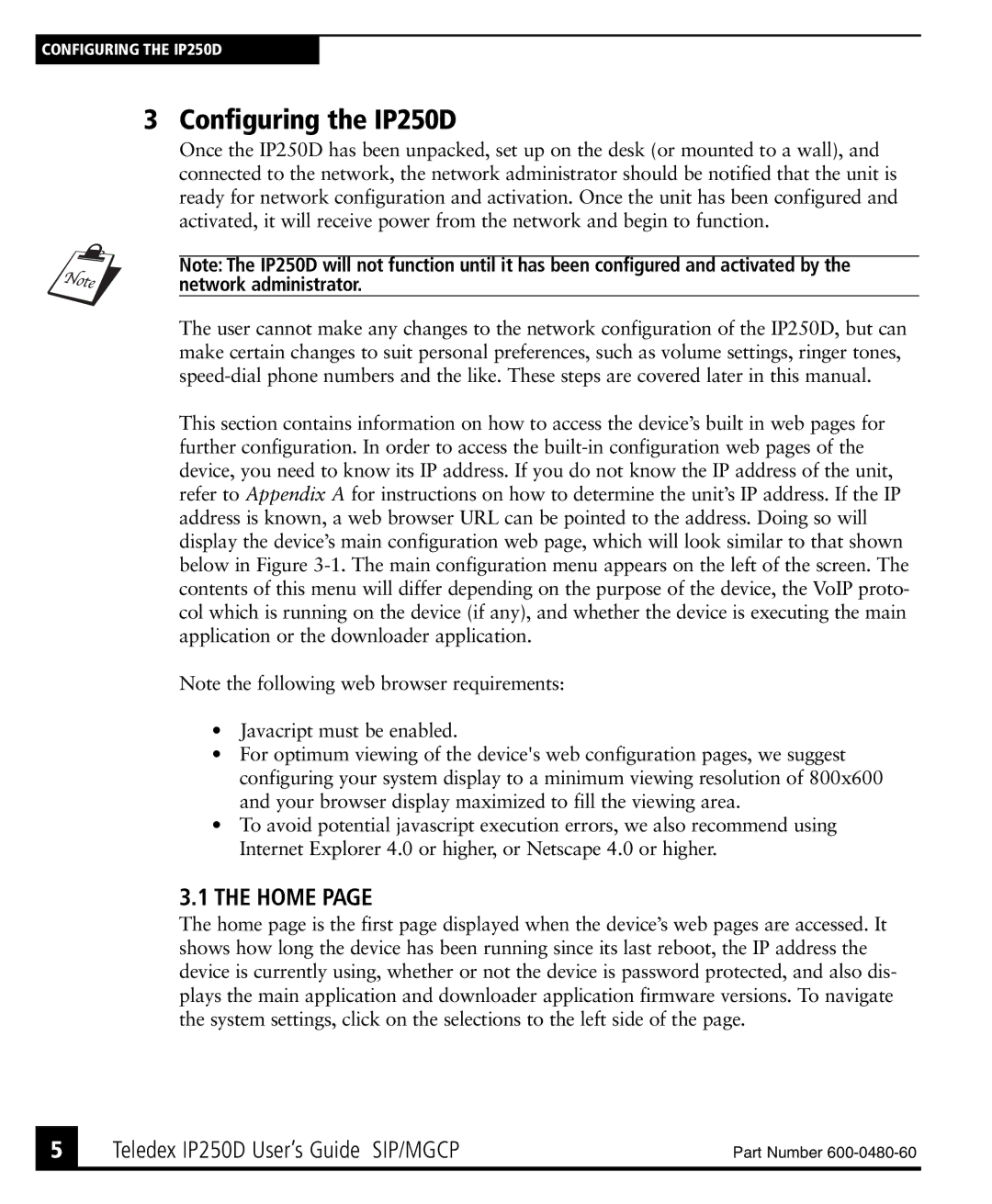 Teledex IP250DVoIP manual Configuring the IP250D, Home 