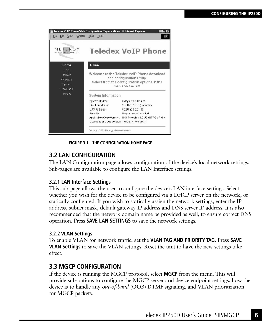 Teledex IP250DVoIP manual LAN Configuration, Mgcp Configuration, LAN Interface Settings, Vlan Settings 