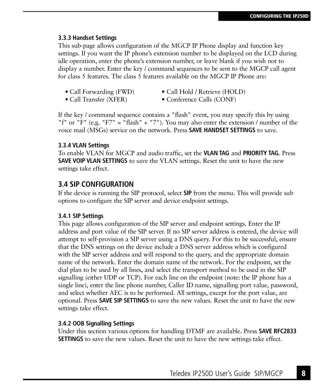 Teledex IP250DVoIP manual SIP Configuration, Handset Settings, SIP Settings 